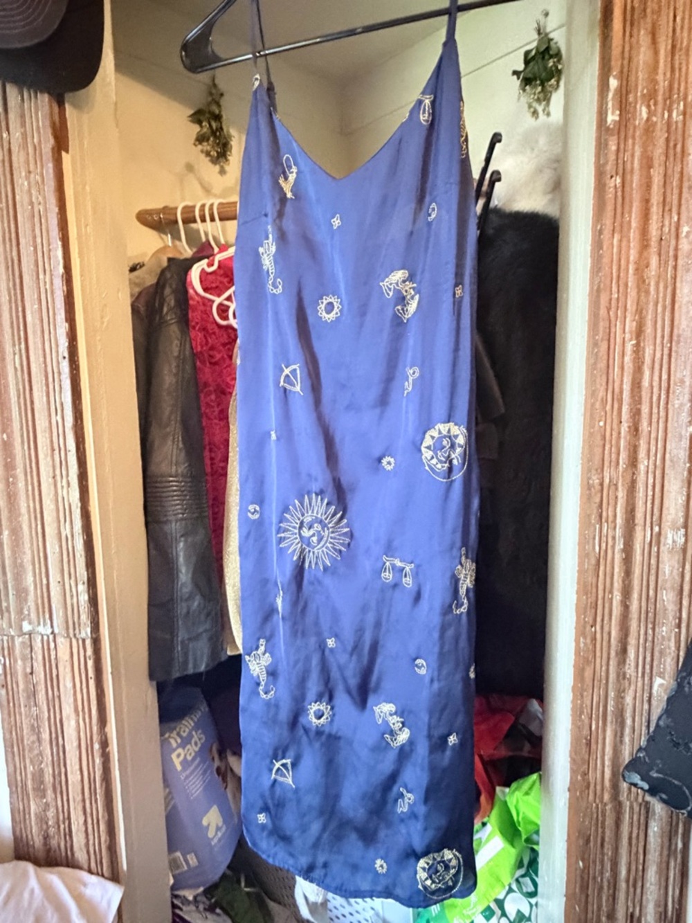 Vintage 1997 ideal Blue satin  Slip Dress with Embroidered Sun and Zodiac Motifs
